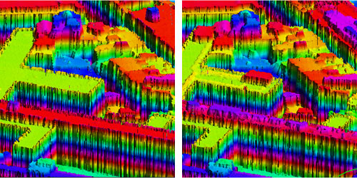 Representació d'una zona urbana amb de dades LiDAR de dos vols diferents, per detectar noves construccions.